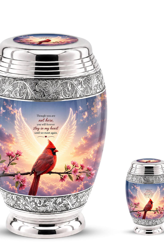 Personalized Cardinal Cremation Urn, Angel Wings - Pink Blossoms, Silver Tone (Custom Engraving)