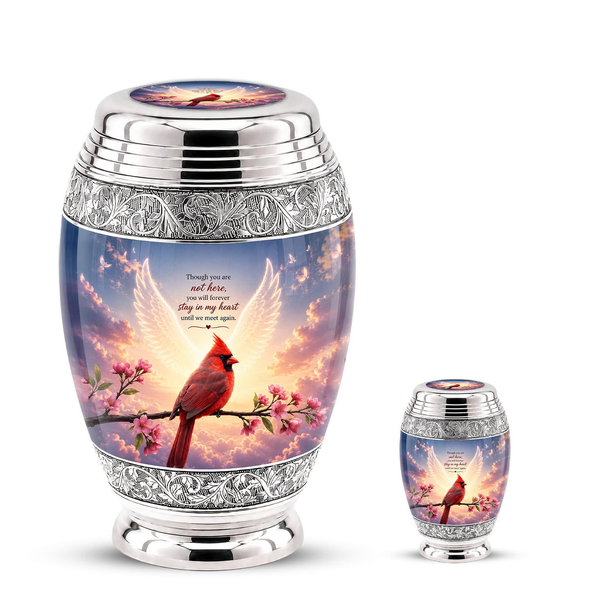 Personalized Cardinal Cremation Urn, Angel Wings - Pink Blossoms, Silver Tone (Custom Engraving)