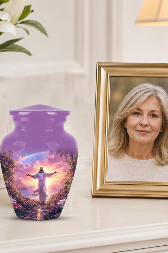 Personalized Jesus Cremation Urn for Ashes Jesus Christ - Rainbow Memorial Urn, Christian Sunset Tribute Urn
