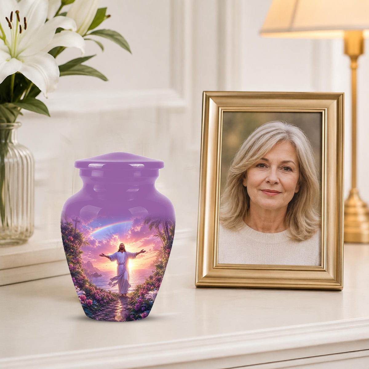 Personalized Jesus Cremation Urn for Ashes Jesus Christ - Rainbow Memorial Urn, Christian Sunset Tribute Urn
