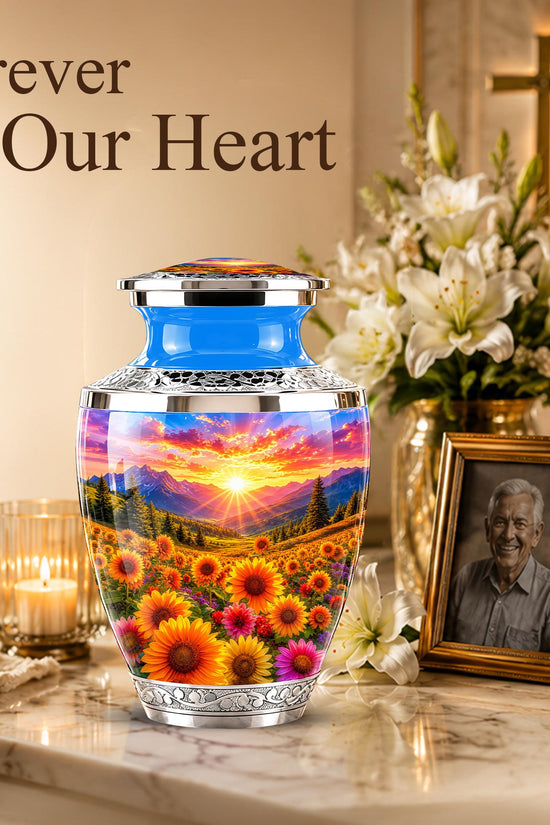 Personalized Cremation Urn, Floral Sunset Mountain Landscape, Memorial Keepsake