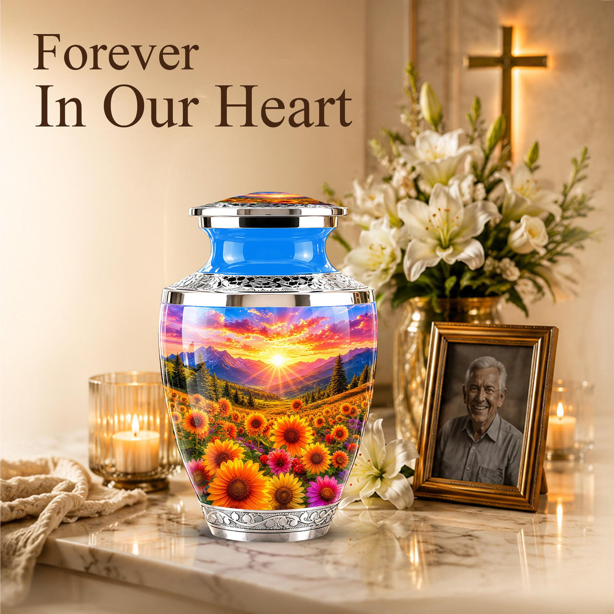 Personalized Cremation Urn, Floral Sunset Mountain Landscape, Memorial Keepsake
