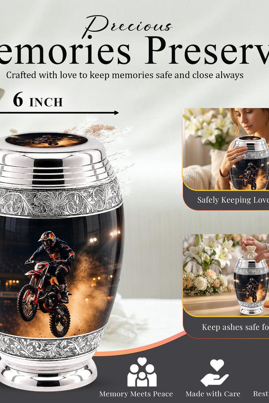 Personalized Motocross Rider Cremation Urn, Glossy Black Finish, Memorial Keepsake