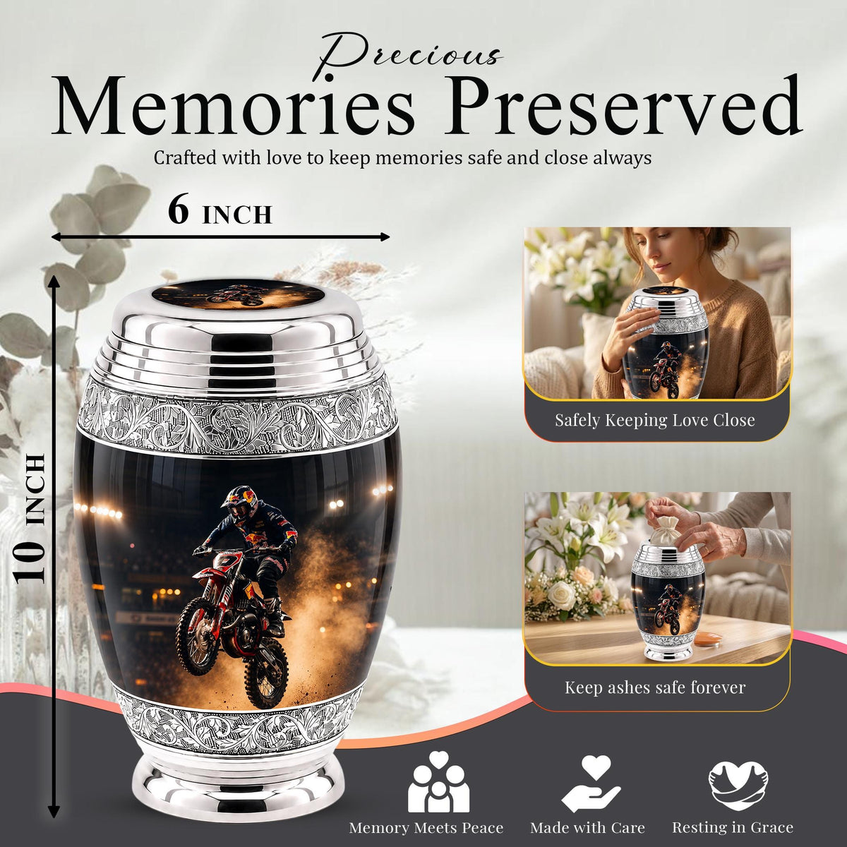Personalized Motocross Rider Cremation Urn, Glossy Black Finish, Memorial Keepsake