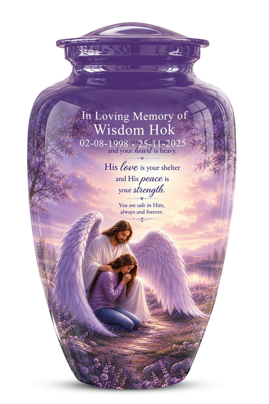 Personalized Angel Cremation Urn for Ashes - Mother and Daughter Memorial Urn, Purple Angel Wings