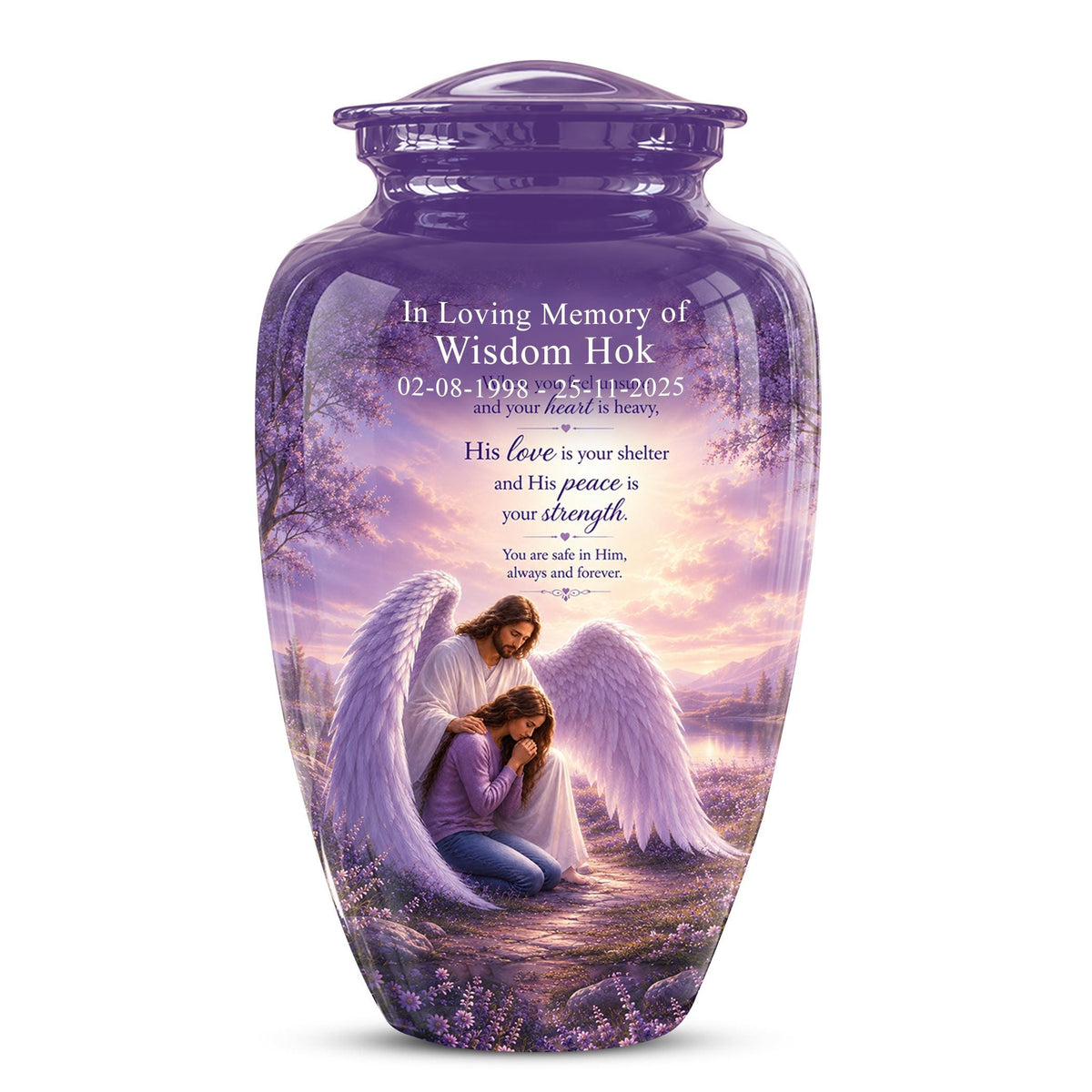 Personalized Angel Cremation Urn for Ashes - Mother and Daughter Memorial Urn, Purple Angel Wings