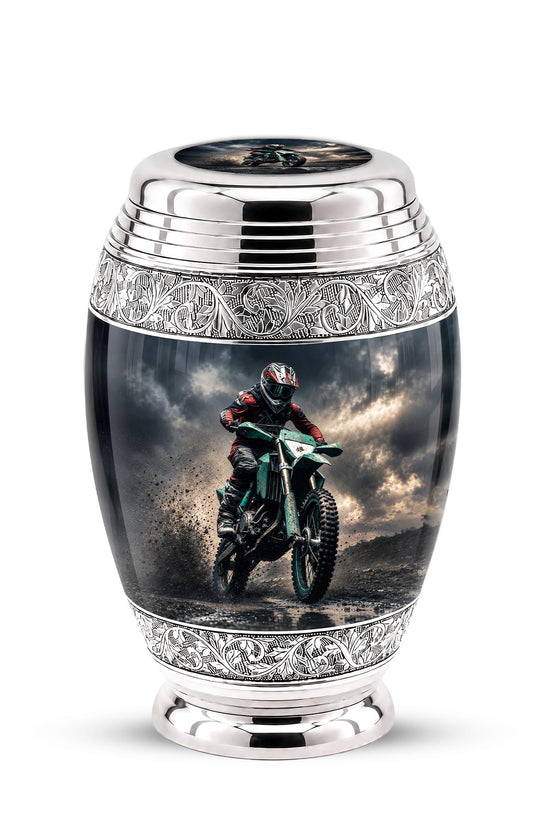 Personalized Motocross Rider Cremation Urn, Glossy Black Finish, Memorial Keepsake
