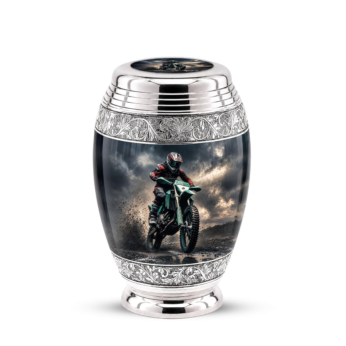 Personalized Motocross Rider Cremation Urn, Glossy Black Finish, Memorial Keepsake