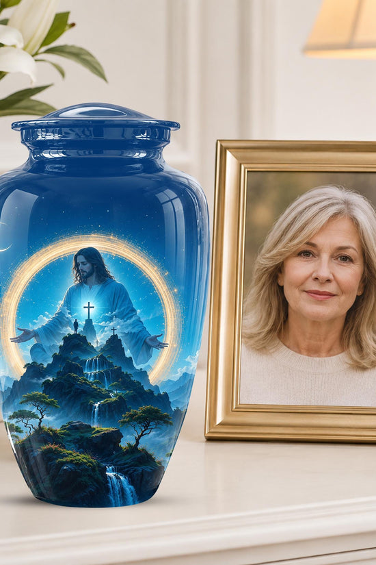 Personalized Jesus Cremation Urn for Ashes, Jesus Christ Mountain Memorial Urn - Christian Religious Tribute Urn, Heavenly Faith Memorial