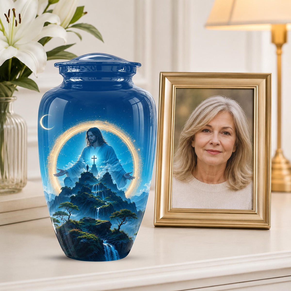 Personalized Jesus Cremation Urn for Ashes, Jesus Christ Mountain Memorial Urn - Christian Religious Tribute Urn, Heavenly Faith Memorial