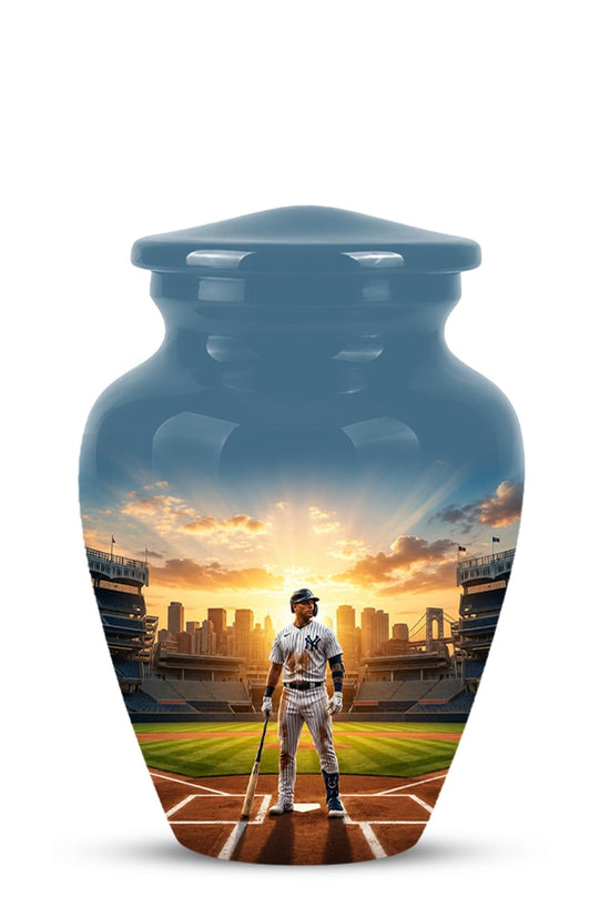 Baseball Player Cremation Urn for Ashes - City Skyline Sunset Memorial Urn
