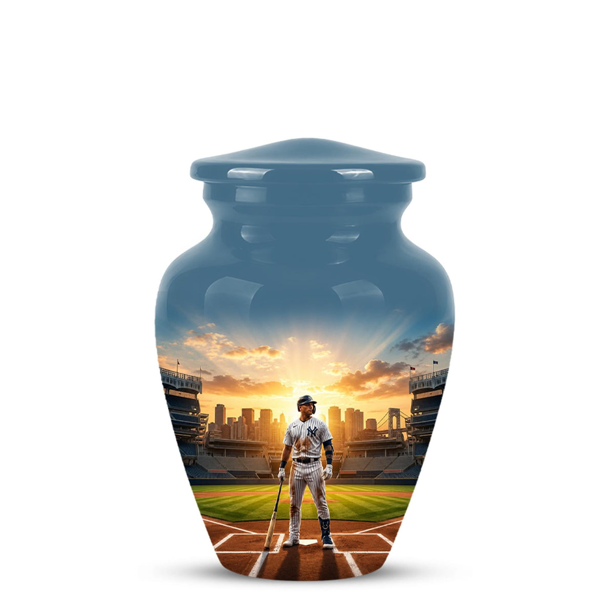 Baseball Player Cremation Urn for Ashes - City Skyline Sunset Memorial Urn