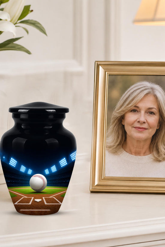 Baseball Cremation Urn for Ashes - Baseball Memorial Urn with Ball and Stadium Lights