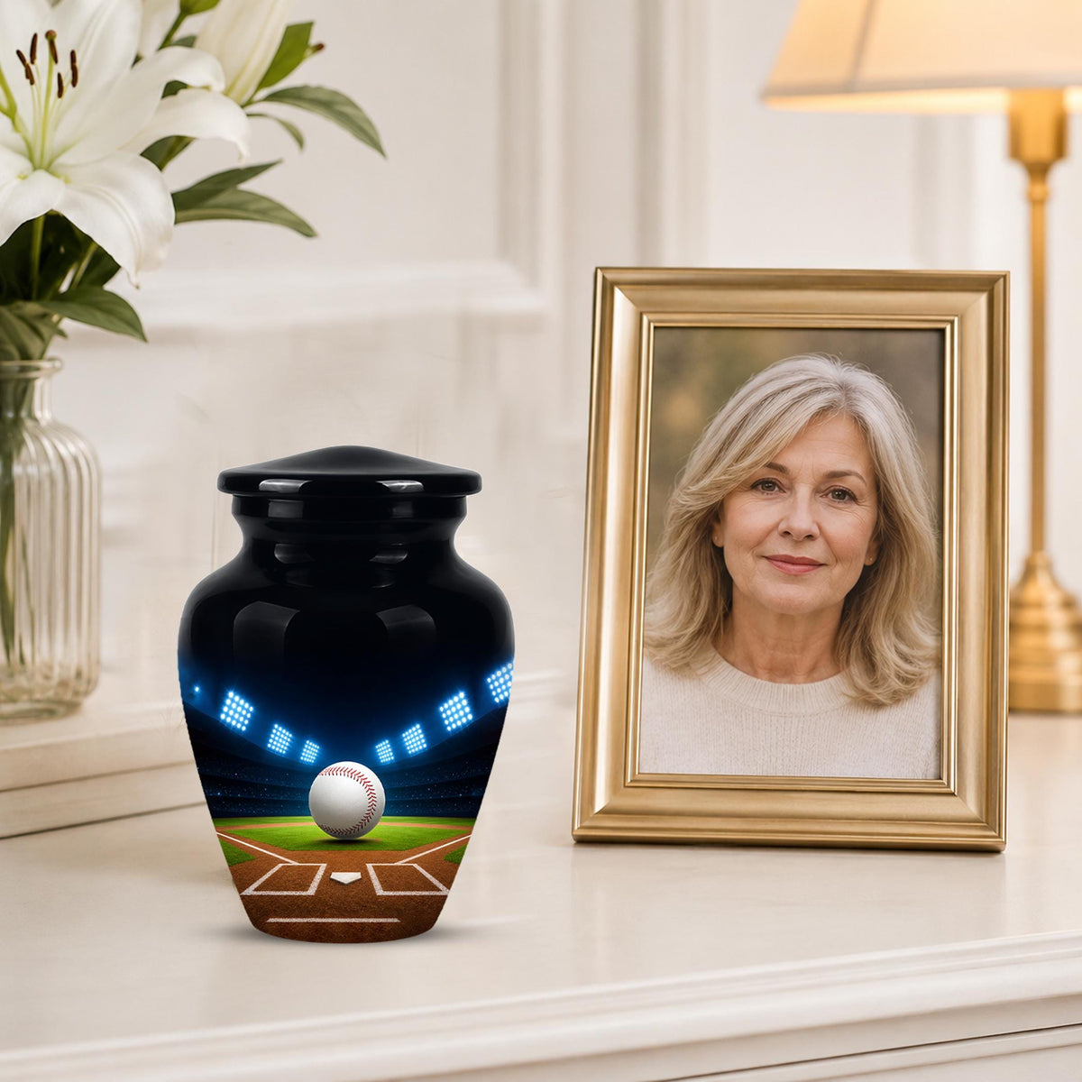 Baseball Cremation Urn for Ashes - Baseball Memorial Urn with Ball and Stadium Lights