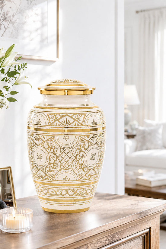 Ivory and Gold Brass Cremation Urn for Ashes - White Ornamental Memorial Urn