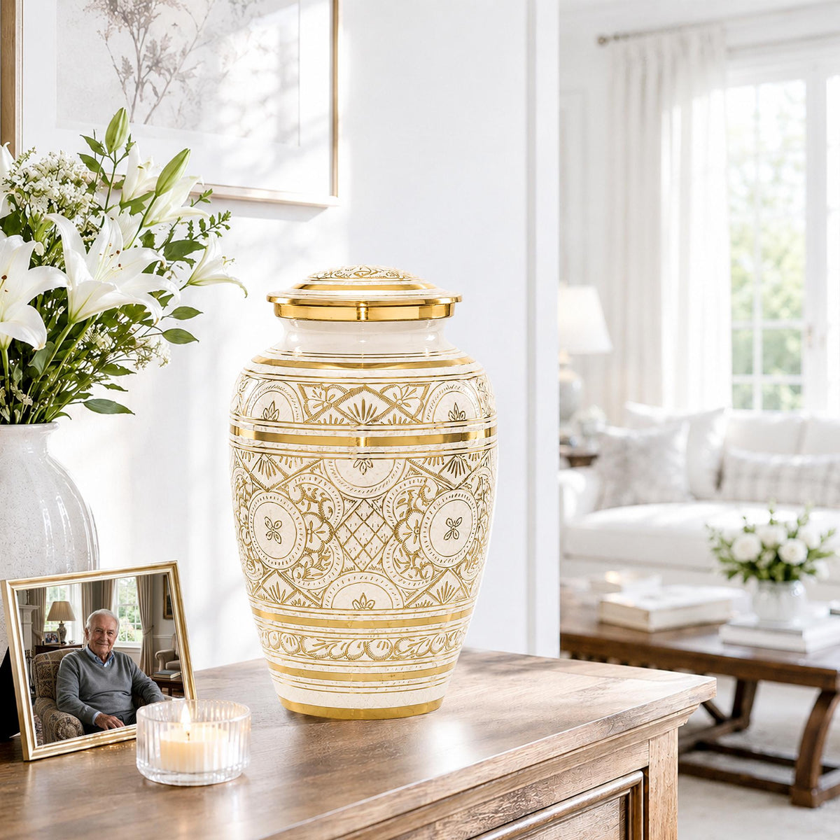 Ivory and Gold Brass Cremation Urn for Ashes - White Ornamental Memorial Urn