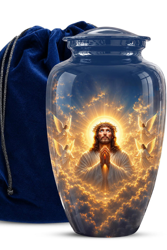 Personalized Jesus Cremation Urn for Ashes, Jesus Christ Prayer Memorial Urn, Golden Halo Christian Tribute, Heavenly Religious Urn (200 Cubic)