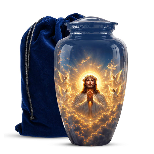 Personalized Jesus Cremation Urn for Ashes, Jesus Christ Prayer Memorial Urn, Golden Halo Christian Tribute, Heavenly Religious Urn (200 Cubic)