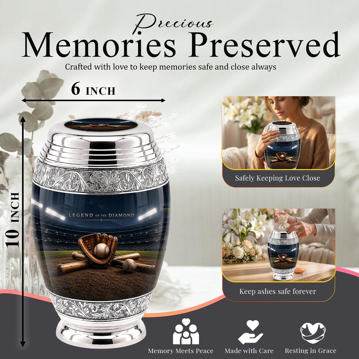 Baseball Cremation Urn for Ashes - Baseball Glove and Bat Memorial Urn