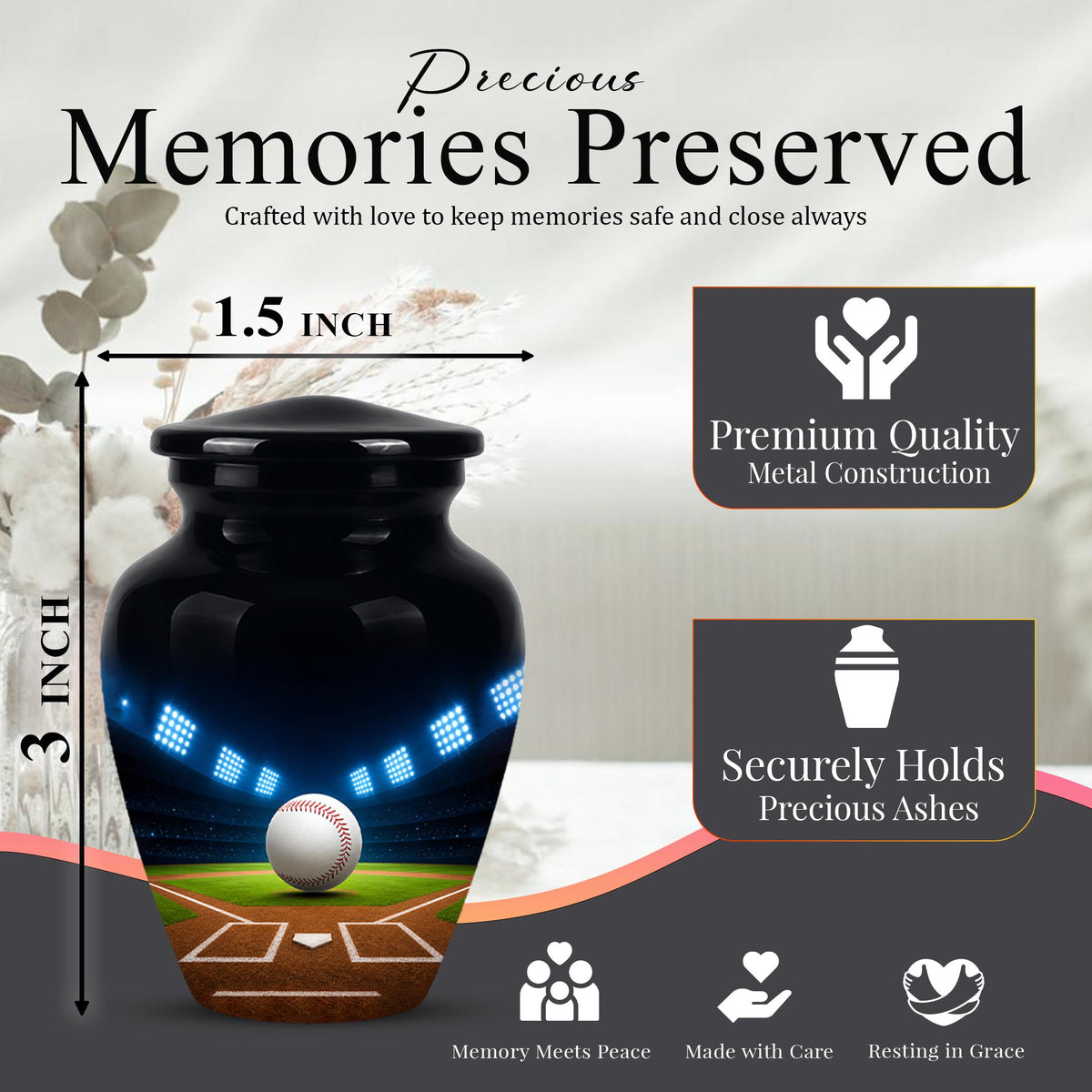 Baseball Cremation Urn for Ashes - Baseball Memorial Urn with Ball and Stadium Lights