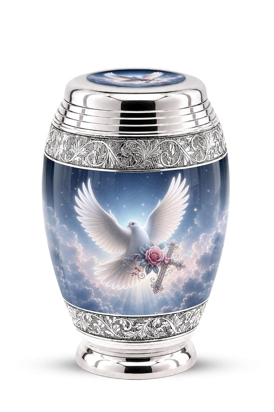 Personalized Christian Cremation Urn - Dove with Wings, Rose, Cross (Silver Tone)