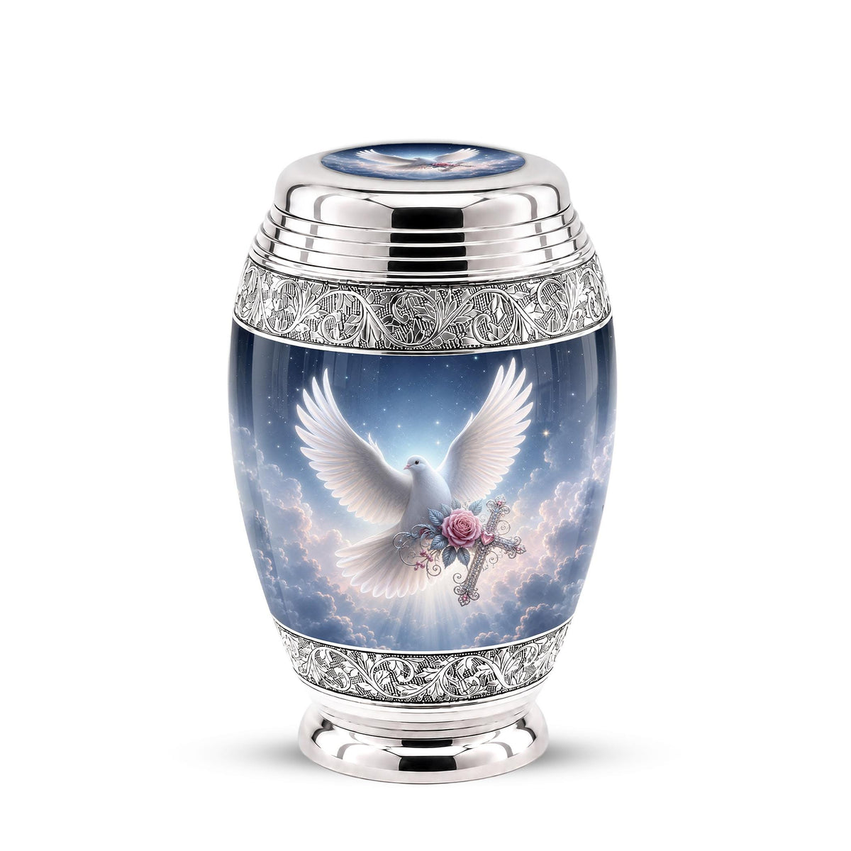 Personalized Christian Cremation Urn - Dove with Wings, Rose, Cross (Silver Tone)