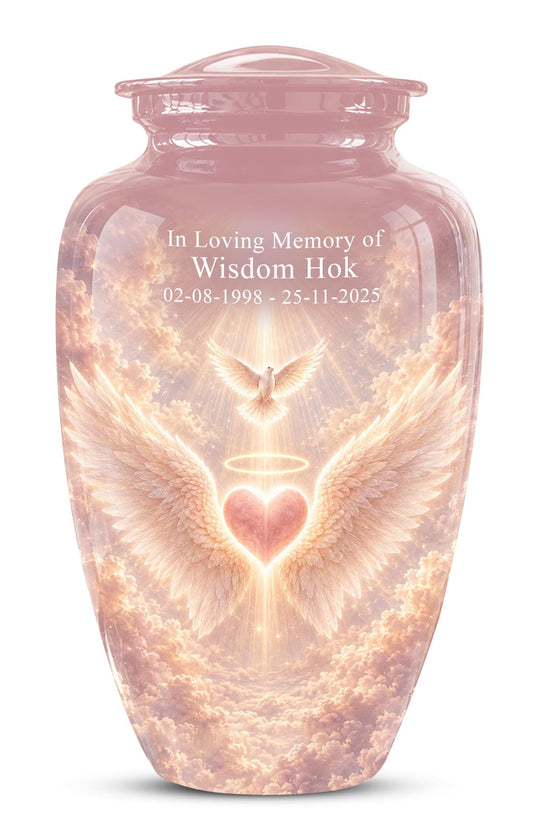 Personalized Angel Wings Cremation Urn for Ashes - Pink Heart Memorial Urn, Heavenly Dove Tribute