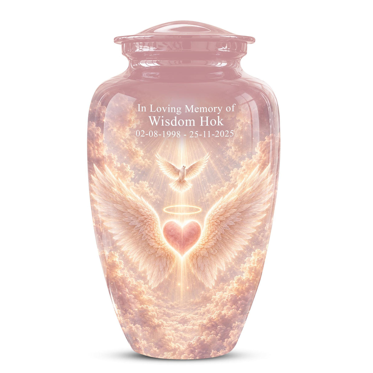 Personalized Angel Wings Cremation Urn for Ashes - Pink Heart Memorial Urn, Heavenly Dove Tribute