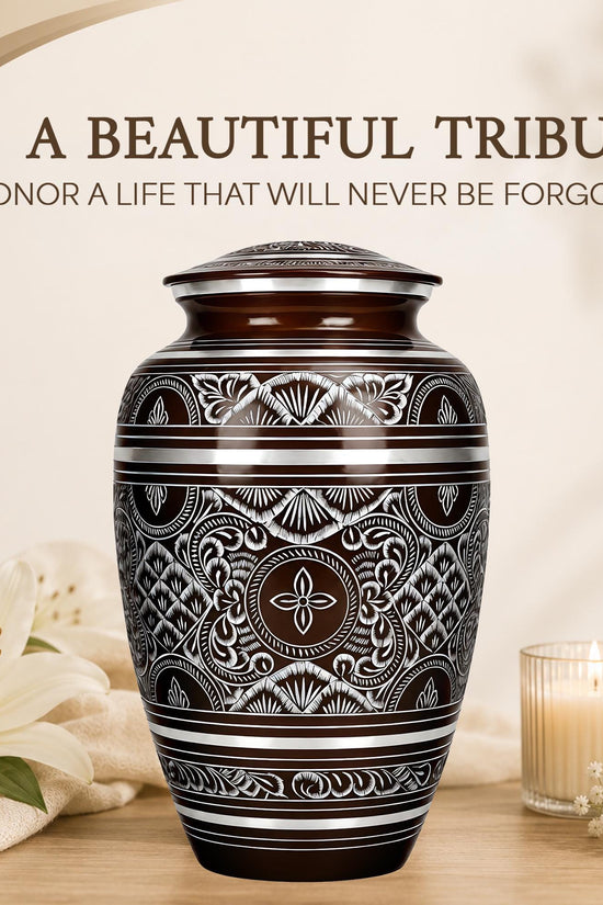 Brass Cremation Urn for Ashes - Black and Silver Engraved Memorial Urn