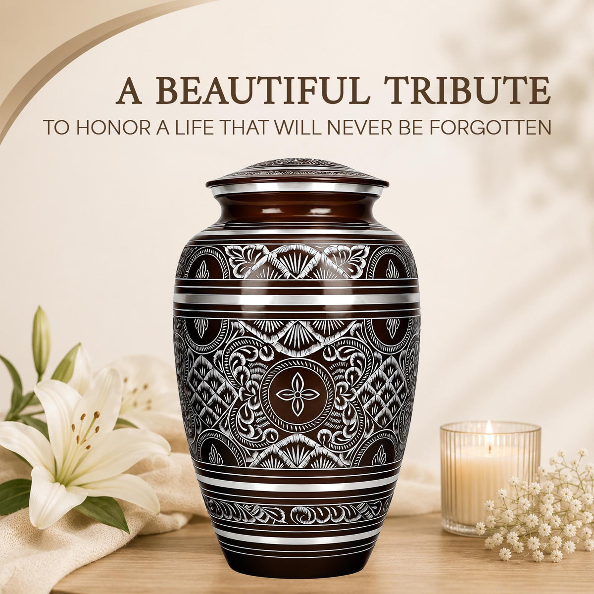 Brass Cremation Urn for Ashes - Black and Silver Engraved Memorial Urn