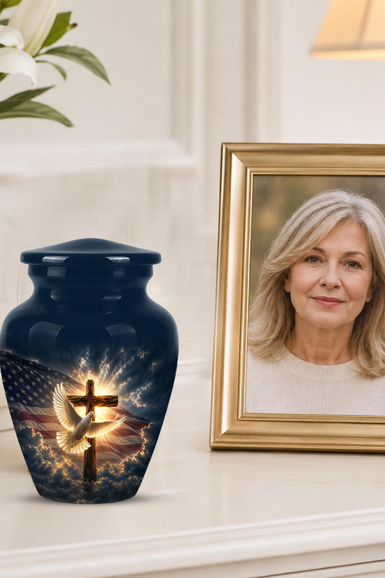 Christian Cremation Urn, American Flag - Cross Dove Memorial, Religious Keepsake