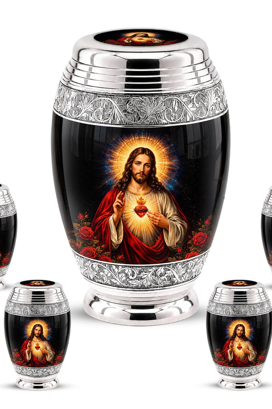 Personalized Sacred Heart of Jesus Cremation Urn - Catholic Memorial Keepsake (Black Finish)
