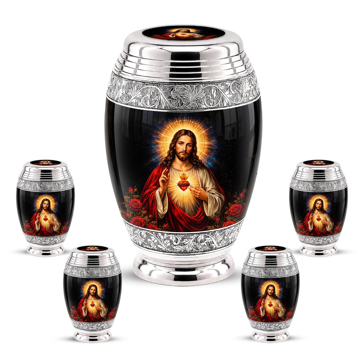 Personalized Sacred Heart of Jesus Cremation Urn - Catholic Memorial Keepsake (Black Finish)