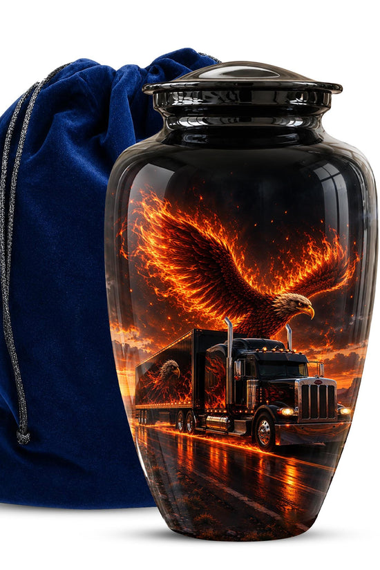 Eagle and Semi Truck Cremation Urn for Ashes - Fiery Bald Eagle Memorial Urn