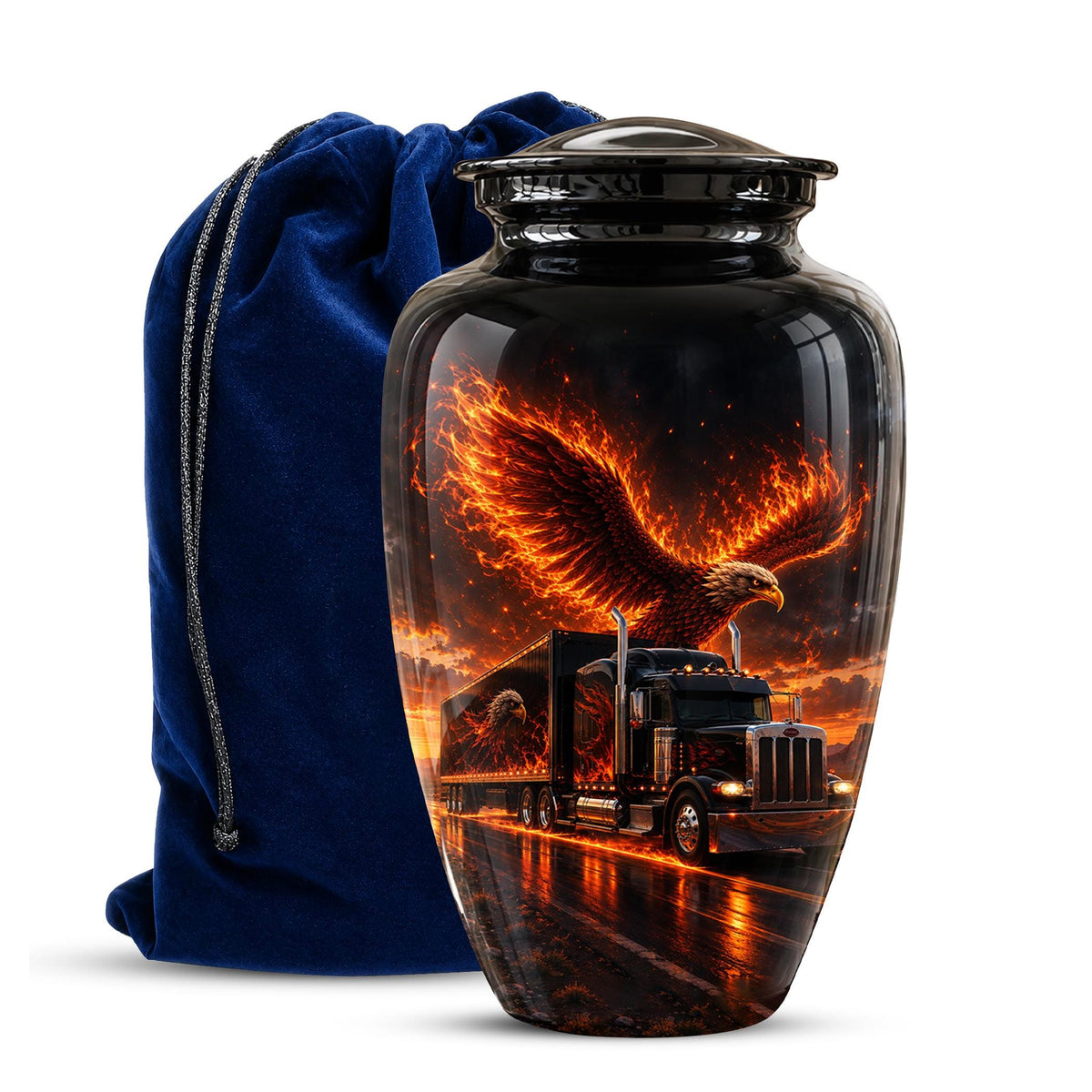 Eagle and Semi Truck Cremation Urn for Ashes - Fiery Bald Eagle Memorial Urn