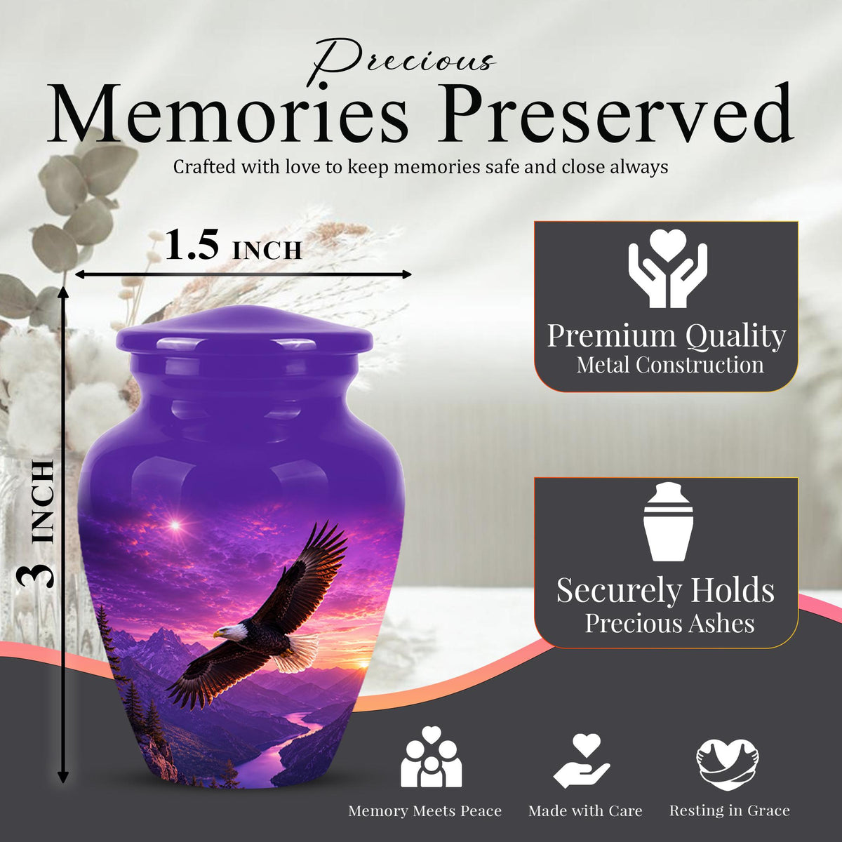 Bald Eagle Cremation Urn for Ashes - Purple Sunset Mountain Memorial Urn