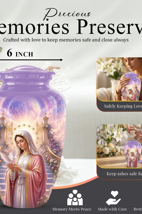 Personalized Virgin Mary Cremation Urn for Ashes - Our Lady of Grace Memorial Urn, Catholic Rosary Tribute