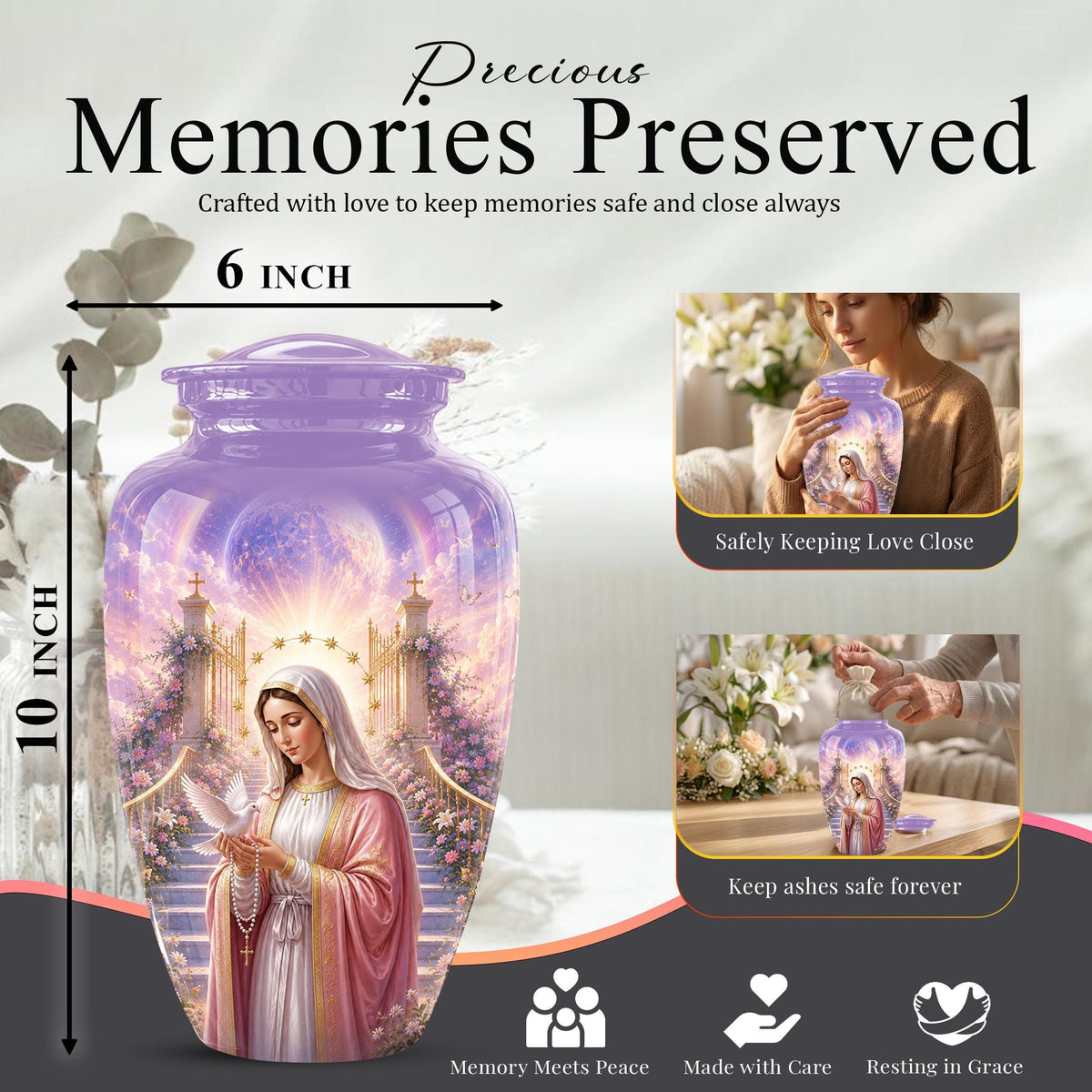 Personalized Virgin Mary Cremation Urn for Ashes - Our Lady of Grace Memorial Urn, Catholic Rosary Tribute