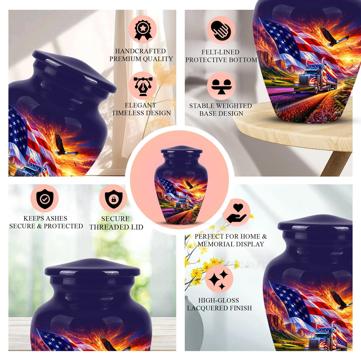 American Flag Truck Cremation Urn for Ashes - Patriotic Eagle Memorial Urn