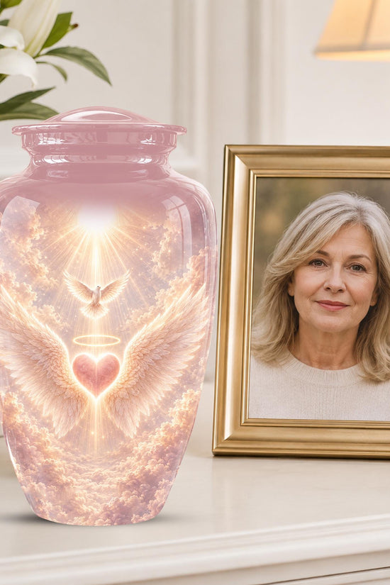 Personalized Angel Wings Cremation Urn for Ashes - Pink Heart Memorial Urn, Heavenly Dove Tribute
