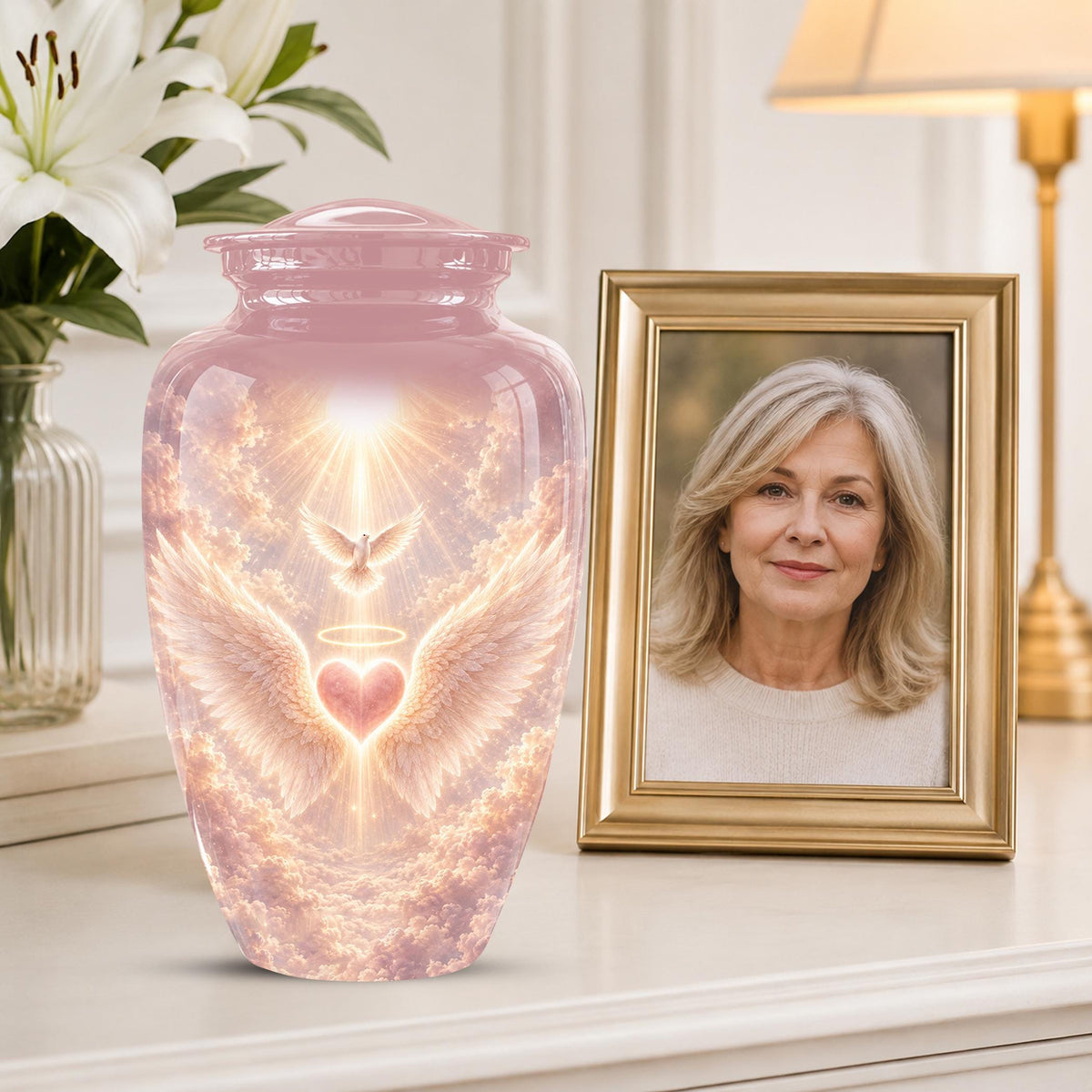 Personalized Angel Wings Cremation Urn for Ashes - Pink Heart Memorial Urn, Heavenly Dove Tribute