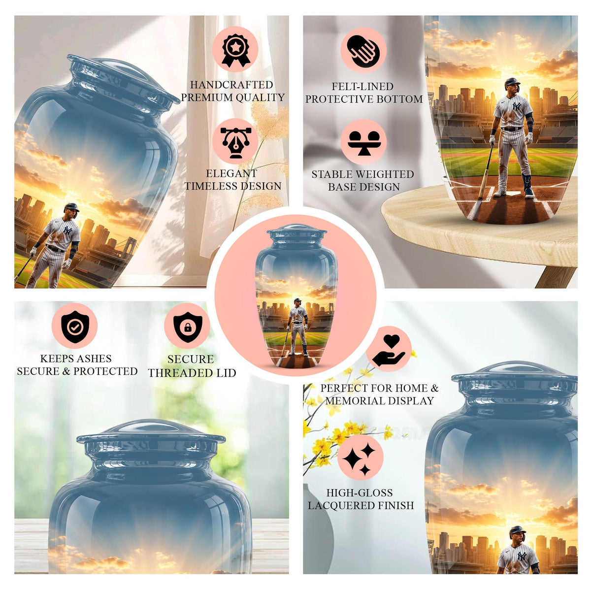 Baseball Player Cremation Urn for Ashes - City Skyline Sunset Memorial Urn