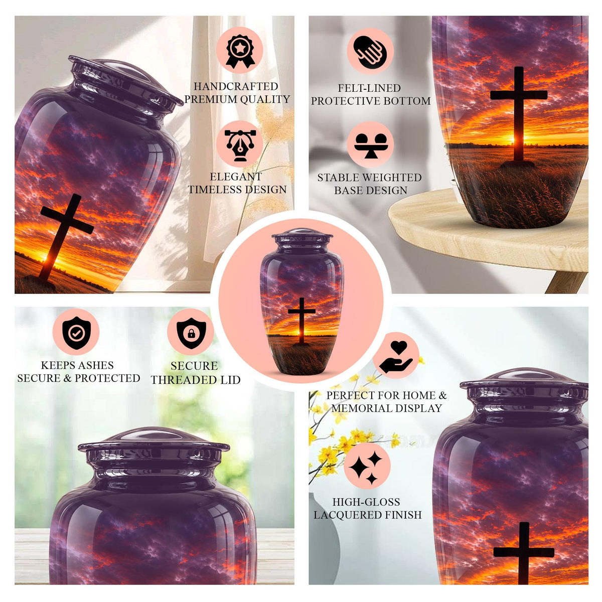 Personalized Cross Cremation Urn, Sunset Memorial Keepsake, Christian Ashes Tribute