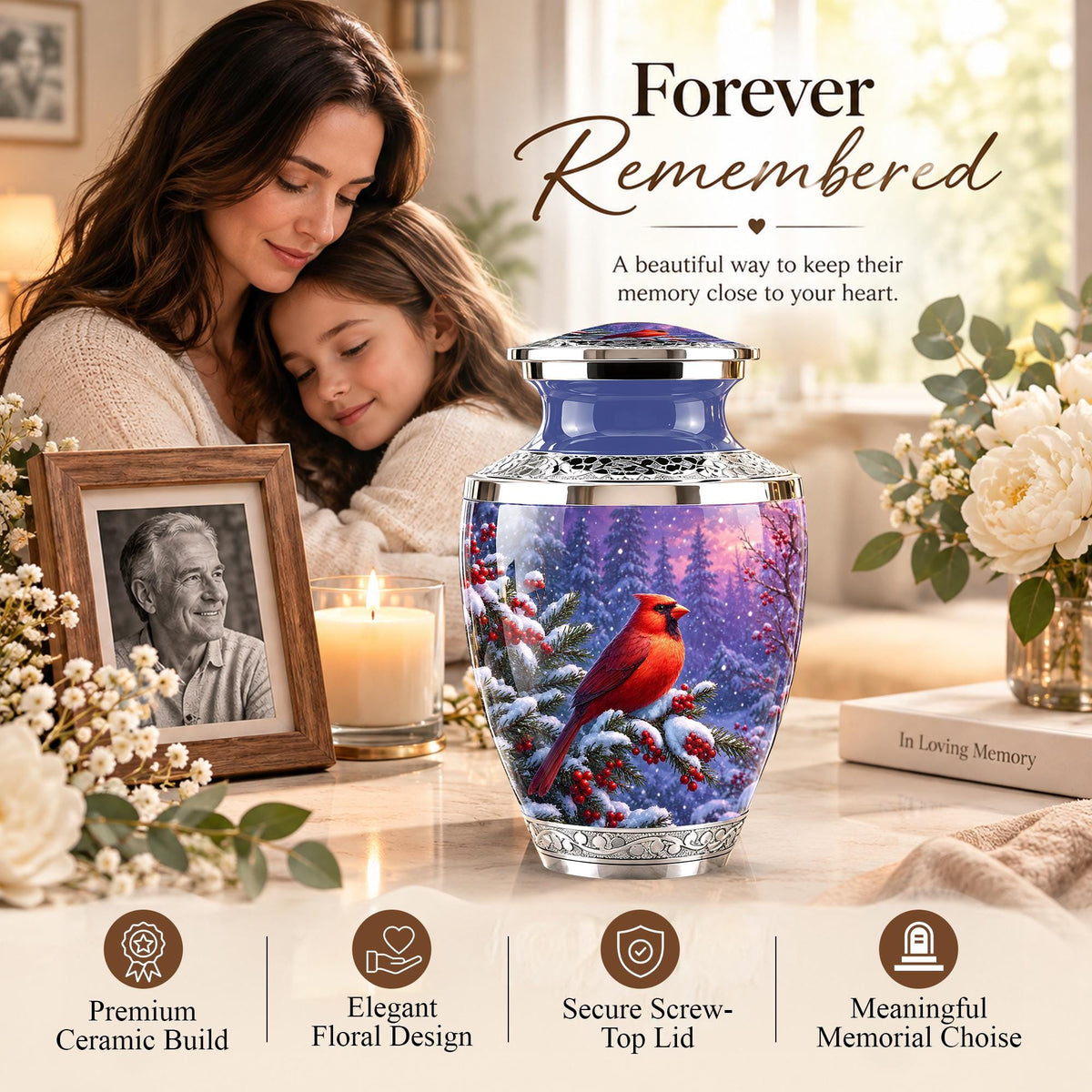 Personalized Cardinal Memorial Urn, Winter Bird Ashes Keepsake (200 Cubic)