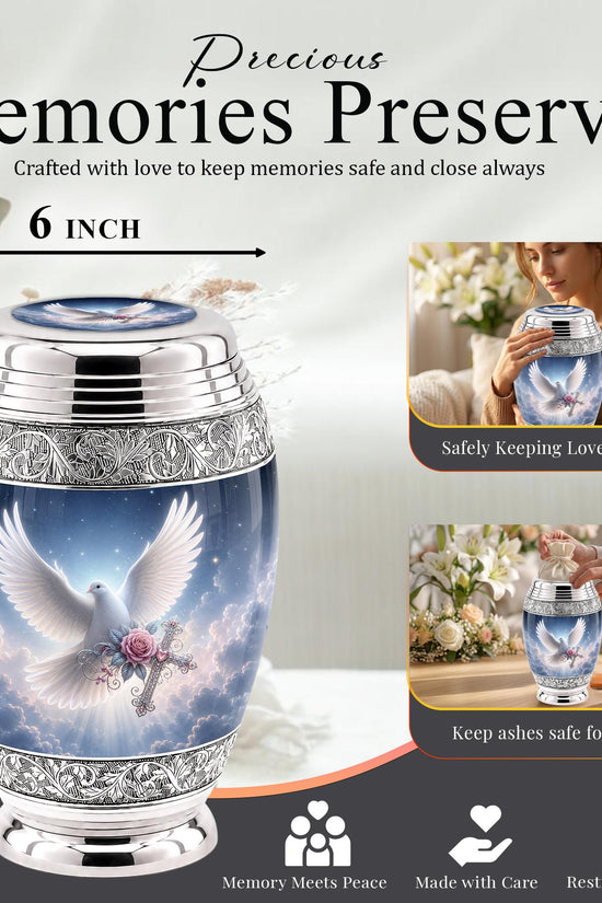 Personalized Christian Cremation Urn - Dove with Wings, Rose, Cross (Silver Tone)