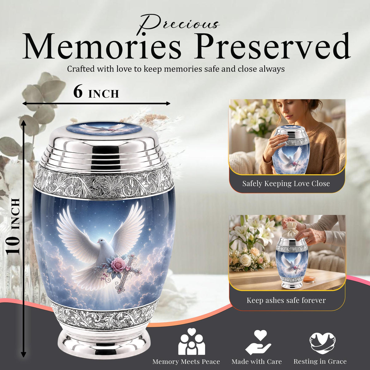 Personalized Christian Cremation Urn - Dove with Wings, Rose, Cross (Silver Tone)
