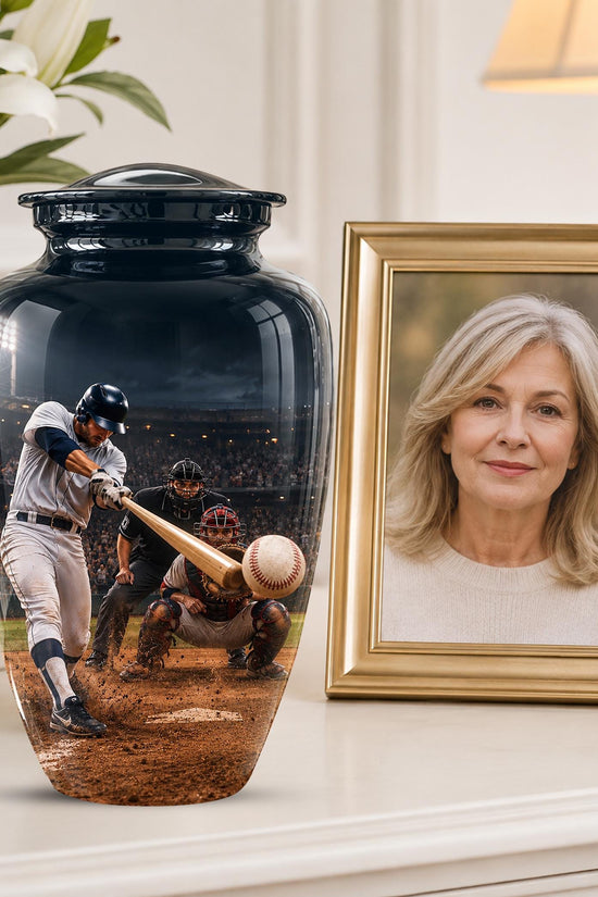 Baseball Cremation Urn for Ashes - Baseball Batter and Catcher Memorial Urn