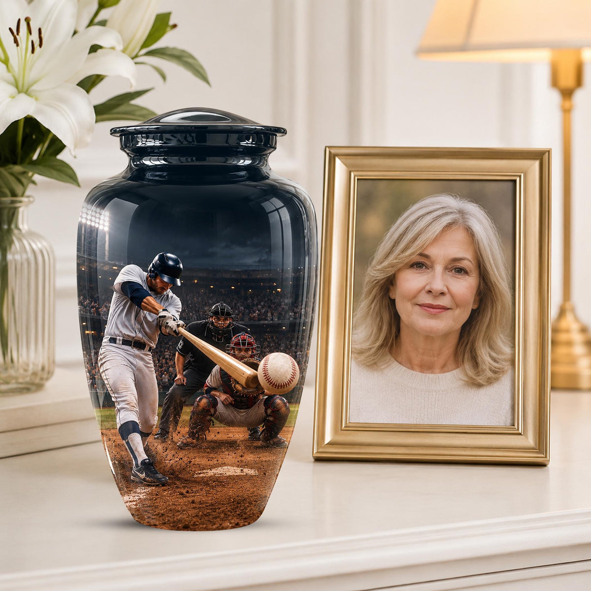 Baseball Cremation Urn for Ashes - Baseball Batter and Catcher Memorial Urn