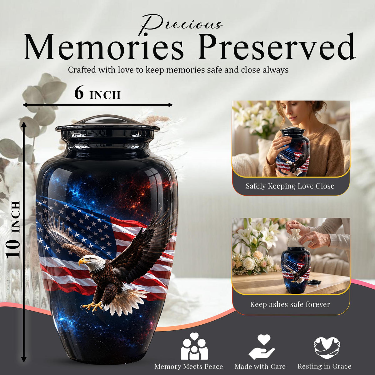 American Flag Eagle Cremation Urn for Ashes - Patriotic Bald Eagle Memorial Urn