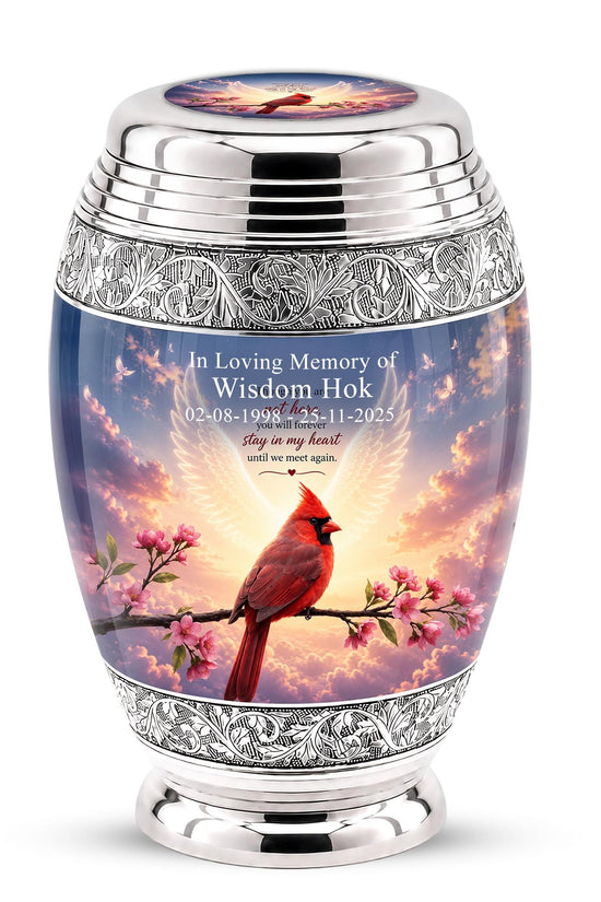 Personalized Cardinal Cremation Urn, Angel Wings - Pink Blossoms, Silver Tone (Custom Engraving)